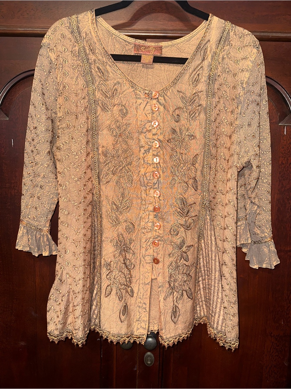 Scully Embroidered Camel Button-Front Women’s Top